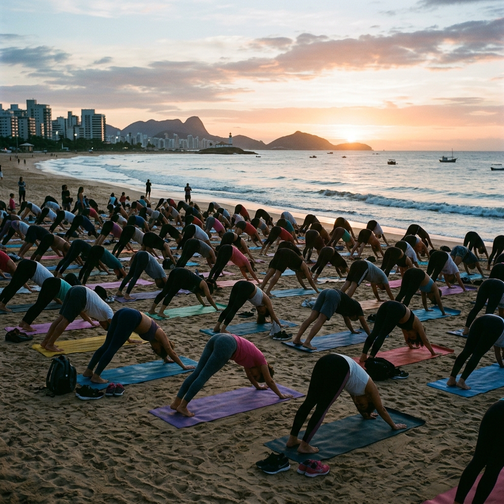 120 pessoas se encontram para yoga ao nascer do sol em Vitória